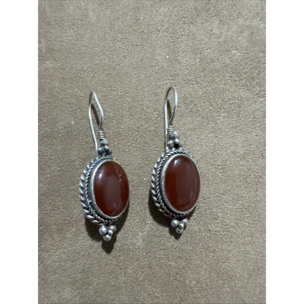 Vintage 925 Sterling Silver Carnelian Earrings Hooks  Victorian Look